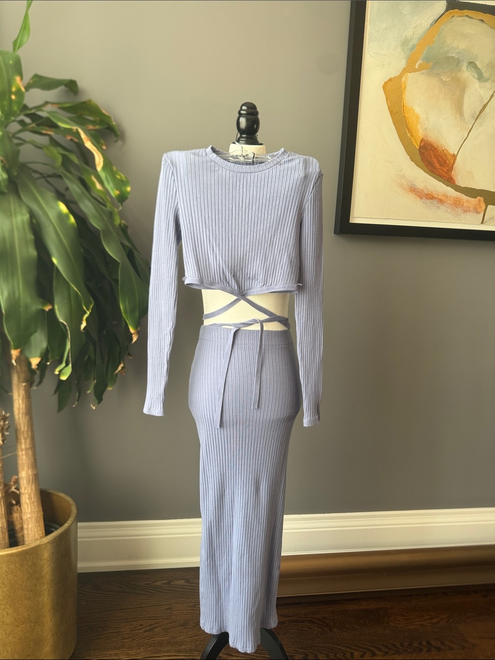 Zara Ribbed Long Sleeve Lavender Two-Piece Dress with Wrap Detail